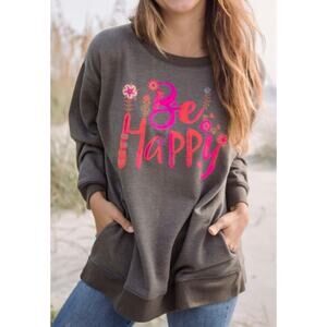 Natural Life Fleece Crewneck Be Happy Floral Gray Pocket Long Sweatshirt MEDIUM